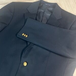 Alan Flusser Mens Navy Blue Gold Crest Button Blazer Jacket 38S Preppy Ivy